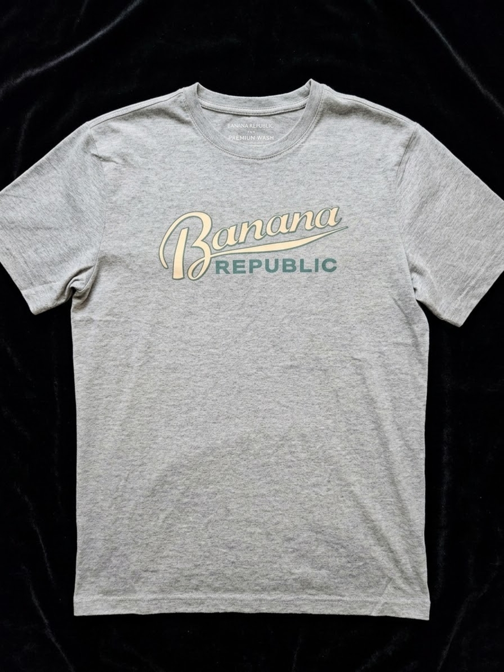 Banana Republic Light Gray Tee with Cream & Green Script Logo